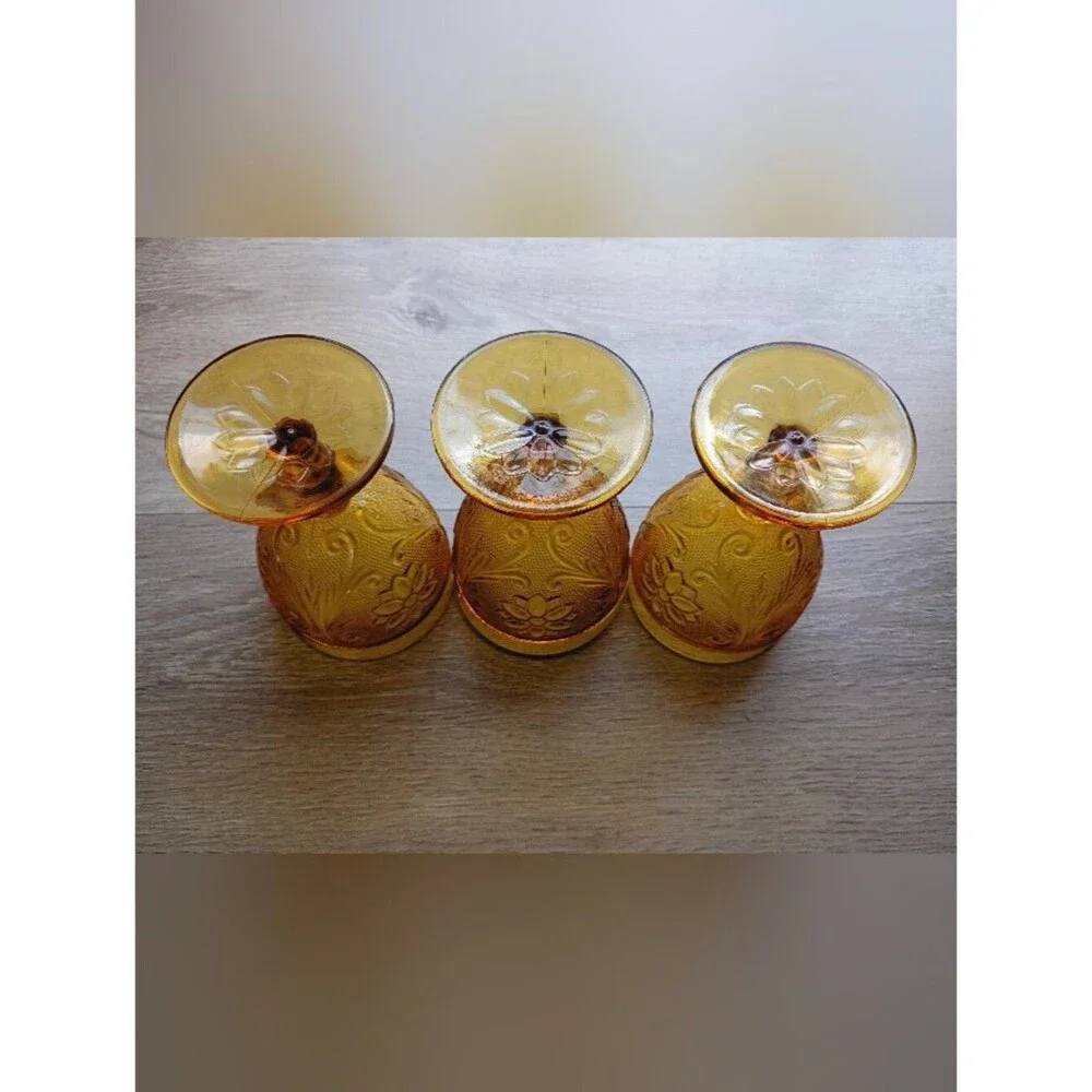 Indiana Glass Sandwich Amber Goblets Set of 3 Glass Ice Tea 8 ounce